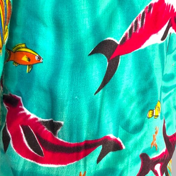Vintage 90s Orca Print Rayon Hawaiian Printed Shirt Teal Ocean Fish Coral Medium - Picture 4 of 10